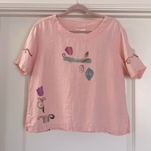 Vintage Play Alegre linen blouse Womens L Hand painted Artsy Pink Lagenlook Boxy